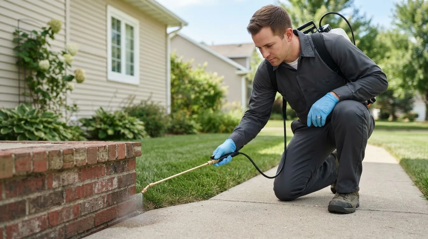 Pest control technician treating a home near Flom, MN