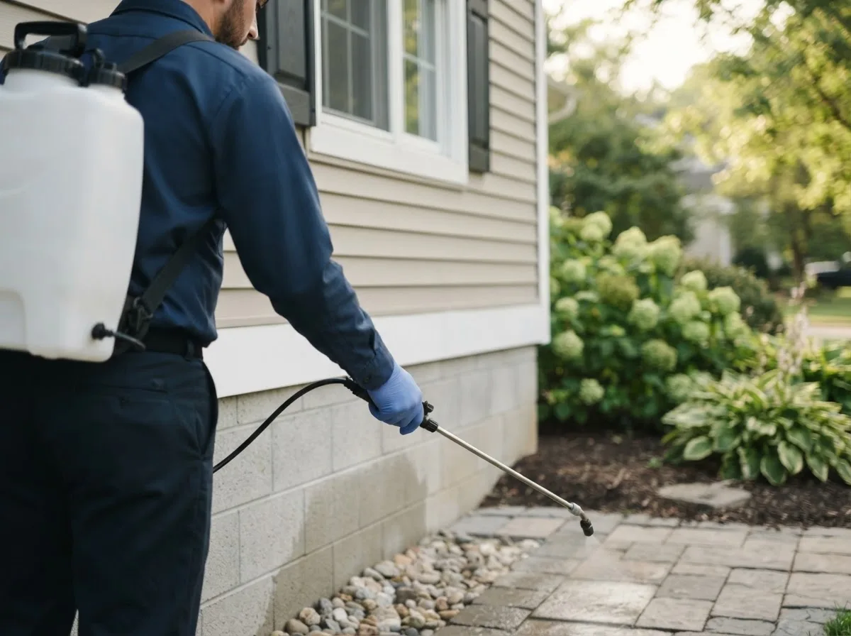Pest control technician inspecting a home in Flom, MN